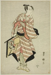 A színész, Sawamura Sojuro III, mint a teherhordó, Muchizo a "Miyamairi Musubi no Kamigaki" című darabban, amelyet a Kiri Színházban mutattak be 1797. tizenegyedik hónapjában.