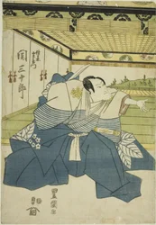 A színész, Seki Sanjuro II Sasaki Saemon szerepében a "Higashiyama-dono Kabuki no Danmaku" című darabban, amelyet 1818 harmadik hónapjában mutattak be a Nakamura Színházban.