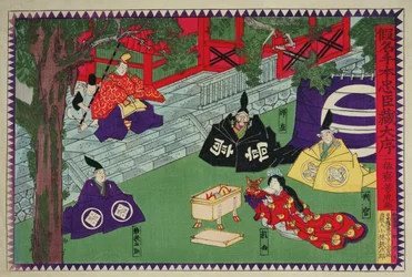 Jelenet egy kabuki színdarab 1. felvonásából, a „Kanadehon Chushingura”, a bosszúról szóló mese az 1703-as negyvenhét ronin eseményen alapul, 1870 körül (színes fatömbnyomat)