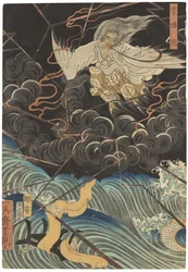 Tametomo homare no jukketsu (Tametomo tíz híres kiválósága), 1858 körül (fametszet)