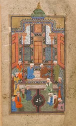 Palotajelenet egy Tuhfat al-Ahrarban (a szabadok ajándéka) Bukharában, Üzbegisztánban, Üzbég időszakban, 1540 körül (átlátszatlan akvarell, tus és arany papíron)