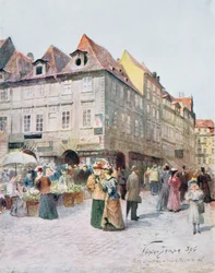 Havelska Ulice és Melantrichova Ulice, Prága, illusztráció a "Stara Praha (Régi Prága)" című könyvből, 1900 körül.
