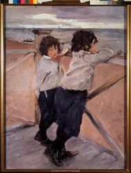 Gyermekek. (Két testvér, fapontonon, a Balti-tenger előtt). Valentin Alekszandrovics Szerov (1865-1911) festménye, olaj, vászon