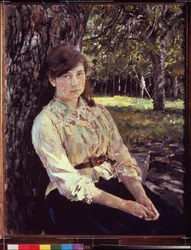 Fiatal lány a napfényben. Simonovics Mária portréja. Valentin Alekszandrovics Szerov (1865-1911) festménye, olaj, vászon 1888. 19. századi orosz művészet, szecesszió, modernizmus. Állami Tretyakov Galéria, Moszkva.
