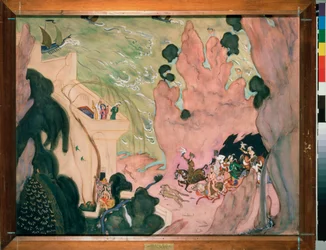 Felkészítő függöny Nicholas (Nikolaj) Rimszkij Korszakov (Rimszkij-Korszakov) (1844-1908) "Sheherazade" (Scheherazade) balettjéhez. Valentin Alekszandrovics Szerov (1865-1911) munkája, akvarell és gouache papíron