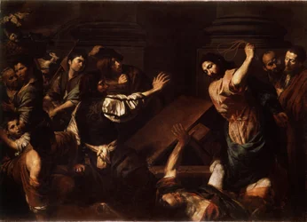 "Krisztus kiűzi a pénzkölcsönzőket a templomból" (Krisztus kiűzi a pénzkölcsönzőket a templomból) Valentin de Boulogne (1591-1632) festménye 1620-1625 Méret: 192x266,5 cm Ermitázs Múzeum, Szentpétervár