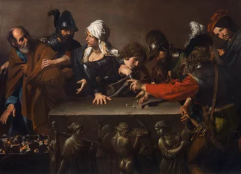 Szent Péter megtagadása, Valentin de Boulogne (1591-1632) műve. 1616-1617 körül. Méretek: 171,5x241 cm. Fondazione di Studi di Storia dell