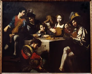 Az alacsony megkönnyebbülés koncert. A zenészek egy faragott oltár körül gyűltek össze. Valentin de Boulogne (1591-1632) festménye. Homályos. 1,73 X 2,14 m.
