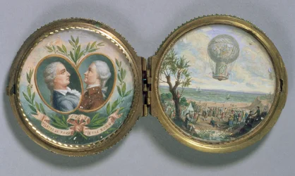 J. F. Pilatre és Pierre Romain miniatűr portréja ballonos felemelkedésük jelenetével, 1784 (guache, pergamen)