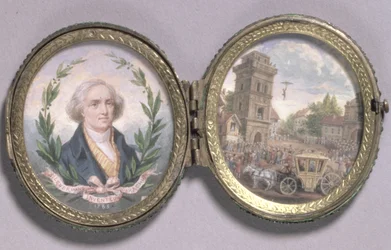 Louis-Sebastien Lenormand miniatűr portréja ejtőernyős ereszkedésének jelenetével, 1783 (guache, pergamen)
