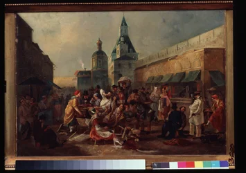 Frissítő bódé a kínai fal közelében Moszkvában. Vaszilij Jegorovics Asztrahov festménye (?-1867 után). Olaj, vászon, 43 x 57,5 ​​cm