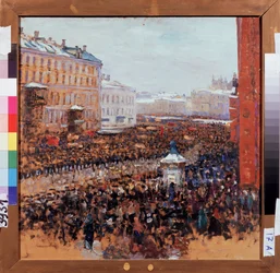Forradalmi tüntetés Moszkvában 1917-ben. A bolsevik proletárforradalom epizódja az orosz főváros utcáin. Vaszilij Nyikics Meshkov (Vaszilij Meshkov) festménye (1868-1946), olaj
