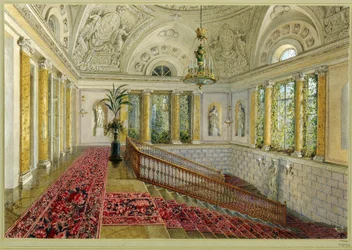 Lépcsőház egy palotában. Vaszilij Szemjonovics Szadovnyikov (1800-1879) munkája, akvarell papíron