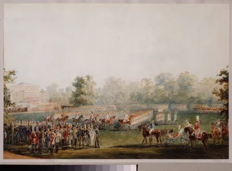 Katonai felvonulás a szentpétervári Elagin palota rétjén. (A császári gárda felvonulása). Vaszilij Szemjonovics Szadovnyikov (1800-1879) munkája, akvarell papíron