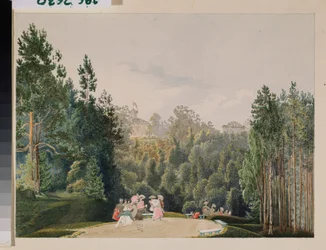 Jelenet egy parkban. Vaszilij Szemjonovics Szadovnyikov (1800-1879) munkája, akvarell papíron