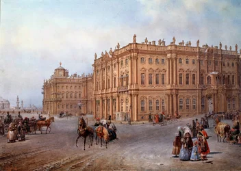 Kilátás a szentpétervári Téli Palotára 1843-ban Vaszilij Szodovnikof (vagy Szadovnyikov) litográfiája