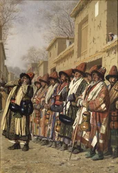 A dervisek kórusa alamizsnát kér Taskentben, 1870