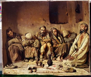 Orientalizmus: ópiumdohányosok ülnek egy utcán a Közel-Keleten (Az ópiumdohányosok). Vaszilij Vasziljevics Verescsagin (Verescsagin, Verescsagin) festménye (1842-1904)