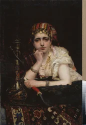 Egy odaliszk. (Hárem nő portréja, melankolikus tekintettel, kezében vízipipa). Vaszilij Dmitrijevics Polenov (1844-1927) festménye, olaj, vászon. 19. századi orosz művészet, orientalizmus. A Fehérorosz Köztársaság Nemzeti Művészeti Múzeuma, Minszk (Bieloru