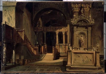 A velencei Szent Márk-bazilika (Basilica di San Marco) belseje. Vaszilij Grigorjevics Khudyakov (1826-1871) festménye. Olaj, vászon, 29,5 x 41 cm