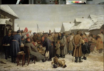 Tartozáshátralékok nyilvános árverése. (Köztulajdon árverése a hátralékosoknak). Egy havas vidéki faluban az utca közepén háztartási tárgyakat kínálnak eladásra. Egyenruhás tisztviselők szervezik és felügyelik a lebonyolítást