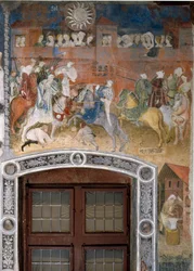 Február: lovagtorna nézőkkel. A Hónapok Mestere vagy Vencel mester festménye (olaszul Maestro dei Mesi vagy Maestro Wenceslao, XV. század eleje) Marcello Fogolino restaurálása 1535 körül. Freskó. Trento,