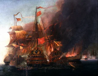 Csata az oszmán flották és a velencei flották között Famagusta mellett Ciprus 1570-es ostrománál A 16. századi velencei iskola festménye. Isztambul, Haditengerészeti Múzeum