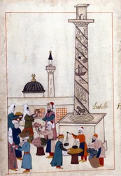 Konstantinápoly; a bazár (vagy séták) az obeliszk közelében. Miniatűr a „” török emlékművekből”” (Cicogna kódex 1971 „Memorie Turchesche”) Akvarell a 17. századi velencei iskolából.