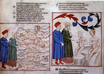 Dante és Vergilius beszélgetésben az arezzói Grifolinóval és a sienai Capocchióval. 14. század (miniatúra)