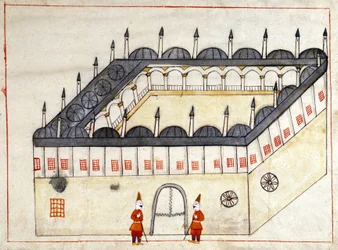 Kilátás egy lakókocsi kívülről Andrinopolyban (ma Edirne) Törökországban az Oszmán Birodalom alatt. Miniatűr a „” török emlékművekből”” (Cicogna kódex 1971 „Memorie Turchesche”) Akvarell a 17. századi velencei iskolából.