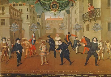 Bohózatban játszó olasz és francia komikusok, 1670