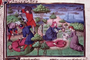 Gyilkossági jelenet két férfival, akiknek gyilkosai levágják a fejét. Giovanni Boccaccio, más néven Jean Boccace (1313-1375) olasz író „Dekameron” című művének francia kéziratlapja, a Mansel mester által illuminálva. 1450, Párizs, Arsenal Könyvtár