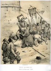 Étienne Marcel, gazdag posztókereskedő és a kereskedők prévôt-ja (1316-1358) meggyilkolása Jean Maillart échevin, a királypárti párt egyik vezetője által, 1358 júliusában. Victor Adam (1801-1866) metszete a „Franciaország a középkorban” című könyvben