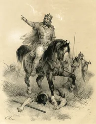 Attila (kb. 395-453), a hunok egyedüli vezetője 445-ben, feldúlta a Kelet és a Nyugat birodalmait - Barbár betörések - Victor Adam (1801-1866) metszete a „Franciaország a középkorban“ című könyvben, amelyet az Ardant fivérek adtak ki a közepén
