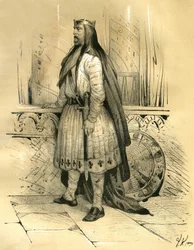 Hosszú Hajú Chlodio, a száli frankok vezetője körülbelül 428-tól 447-ben bekövetkezett haláláig, valószínűleg a Merovingok őse. Victor Adam (1801-1866) metszete a „Franciaország a középkorban” című könyvben, amelyet az Ardant fivérek adtak ki az 1 közepén