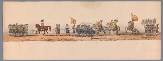 Történelmi körmenet az Utrechti Alkalmazott Tudományok Egyetemének második századik évfordulóján, 1836 (7. tábla) A holland hadsereg közeledése Ostendhez, 1600. július 3-án, a nieuwpoorti győzelem másnapján; a H ​​H Student által adott jelmezes ábrázolás s