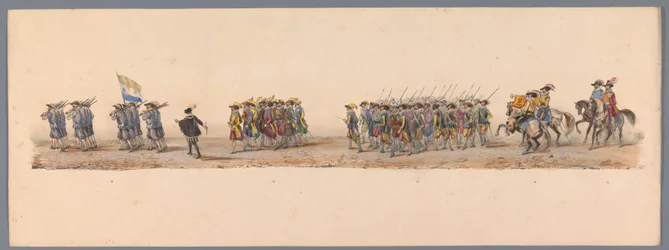 Történelmi körmenet az Utrechti Alkalmazott Tudományok Egyetemének második századik évfordulóján, 1836 (4. tábla) A holland hadsereg közeledése Ostendhez, 1600. július 3-án, a nieuwpoorti győzelem másnapján; a H ​​H Student által adott jelmezes ábrázolás s