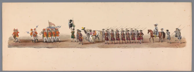 Történelmi körmenet az Utrechti Alkalmazott Tudományok Egyetemének második századik évfordulóján, 1836 (3. tábla) A holland hadsereg közeledése Ostendhez, 1600. július 3-án, a nieuwpoorti győzelem másnapján; a H ​​H Student által adott jelmezes ábrázolás s