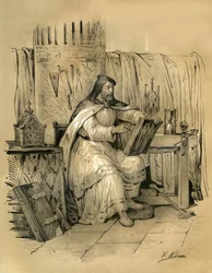 Szent Eloi (v.588-660) 1. Dagobert frank király aranyművese és tresorierje, majd 641-től haláláig Noyon eveque-ja. Victor Adam (1801-1866) metszete az Ardant testvérek által a középkor közepén kiadott "Franciaország a középkorban" című könyvben.