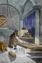 Pierre Aupetit papot, akit boszorkánysággal vádolnak, megkínozták, mielőtt élve elégették, 1588.05.25. (metszet)