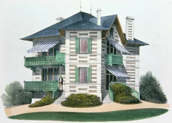 Egy ház Etretatban, illusztráció a „Habitations Champetres”-ből, Párizs, 1895 körül (chromolitho)