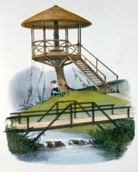 Egy kunyhó és rusztikus híd a Parc de la Motte-ban, Bourgogne, illusztráció a "Habitations Champetres"-ből, Párizs, 1895 körül (chromolitho)