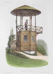 Rusztikus pavilon Marcillyben, a "Habitations Champetres"-ből, metszet: Beaquet Freres, 1855 körül.