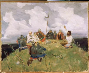Boyan jouant du gousli (gusli, housli, husli) a 11. században (Boyan játszik gusli) - Viktor Mihajlovics Vasnyecov (1848-1926) munkája, olaj, karton