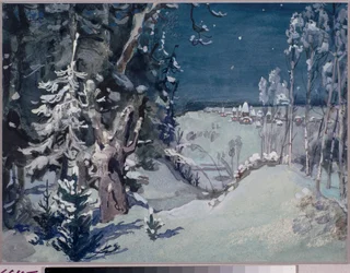 Felkészítő dekoráció Nicolas (Nikolaj) Rimszkij Korszakov (Rimszkij-Korszakov) (1844-1908) "The Snow Maiden" című operájához (N Rimszkij Korszakov Snow Maiden című operájának színpadtervezése) Falu havas tájon, éjszaka - Mi Viktor alkotása