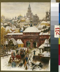 Moscou au 17e siecle (Moszkva a XVII. században). Oeuvre de Appolinari Mikhaylovich Vasnetsov (1856-1933), litográfia. Art russe, fin 19e-debütáló 20e siecle. Moszkvai Történeti és Újjáépítési Múzeum, Moszkva.