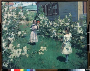 ""Fleurs de mai"" (május virágok) Kislányok labdáznak egy virágoskertben tavasszal. Viktor Elpidiforovics Boriszov-Muszatov (1870-1905) festménye 1894 Állami Tretyakov Galéria, Moszkva