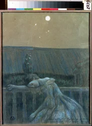""A bánat"" (Bánat) Egy kétségbeesett fiatal lány korlátnak dőlve. Viktor (Victor) akvarell és pasztell Elpidiforovics Boriszov-Muszatov (Boriszov Muszatov) (1870-1905) (szimbolika) 1903 Állami Történeti és Művészeti Múzeum Serpukhov (Serpukhov).