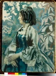 Női portré, csukott szemmel, töprengővel, krinolinruhát visel - Viktor (Victor) Elpidiforovics Boriszov-Muszatov (Boriszov Muszatov) alkotása (1870-1905)