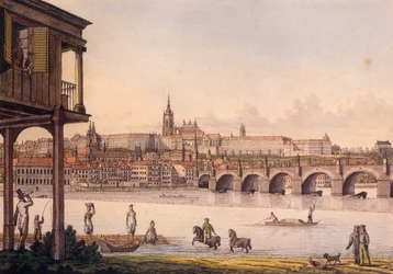 A kis negyed és a prágai vár Hradzsin látképe a Papouek-fürdőből, 1825 (színes metszet)